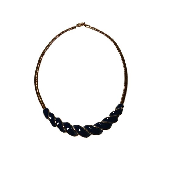 Gold Tone Snake Chain Chocker with Twisted Blue Enamel 14" - Picture 5 of 7